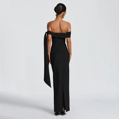 Slash Neck Off-Shoulder Ribbon Split Maxi Dress