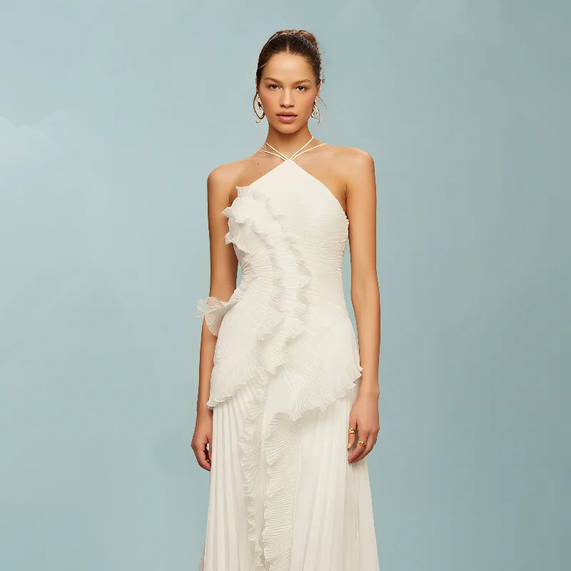 Women's ruffles tiered halter strap midi dress with backless detail.