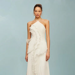 Women's ruffles tiered halter strap midi dress with backless detail.