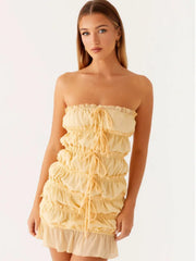 Yellow Ruched Tie Up Mini Tube Dress