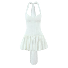 White Satin Tie Bow Halter Sling Mini Dress
