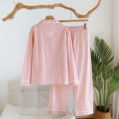 Lace Trim Plaid Long Sleeve Shirt And Pants Two Piece Sleepwear Set