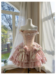 Pink Lace Up Strapless Bow Pearl Desgin Tiered Mini Dress