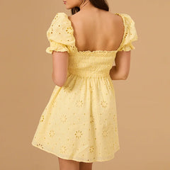 Square Collar Jacquard Puff Sleeve Mini Dress