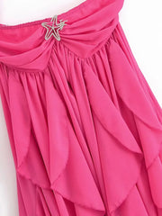 Pink Halter Ribbon Ruffles Frill Midi Dress