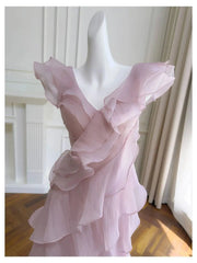 Pink Butterfly Sleeve Asymmetrical V-neck Tiered Ruffle Midi Dress