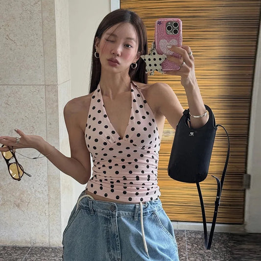 Polka Dot Halter Deep V-Neck Tank Top