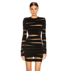 Black Long-sleeved See-through Mesh Slit Mini Dress