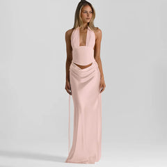 Halter Deep V Neck Top And Maxi Skirt Satin Ruched Set