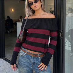 Distressed Striped Off-Shoulder Long Sleeve Knit Top