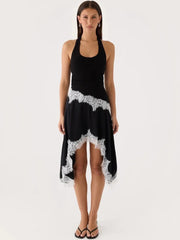Black Halter Lace Trim Irregular Hem Midi Dress