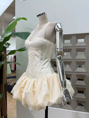 Halter Neck Mesh Patchwork Puff Mini Dress