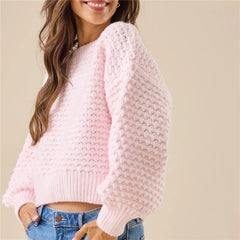 Pink Textured Ribbed Trim Crew Neck Top