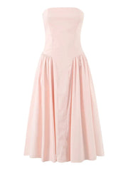 Strapless Lace Up Flare Pleated Midi Dress