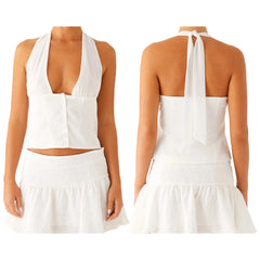 Printed Tie-up Halter Deep V-Neck Crop Top