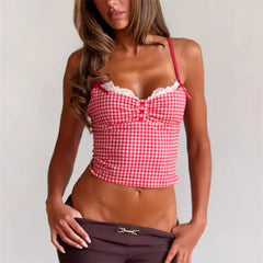 Gingham Lace Sweetheart Neck Cropped Cami Top