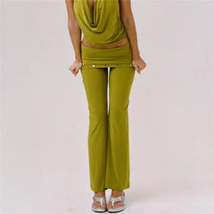 Fold Over Waist Metal Stud Flare Pants