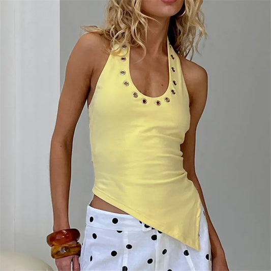 Halter Neck Eyelet Detail Asymmetrical Hem Tank Top