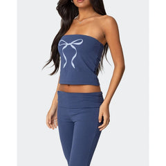 Bowknot Print Tube Top And Foldable Waist Flare Pants Set