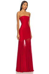 Strapless Mesh Pleats Maxi Dress
