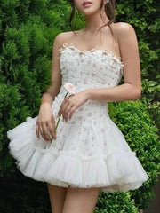 Strapless 3D Flower Tulle Mini Dress