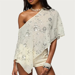 Sequin One Shoulder Sheer Poncho Top