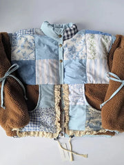 Patchwork Floral Gingham Print Bow Decor Fleece Jacket