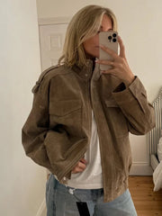 Brown Suede Zipper Cropped Jacket