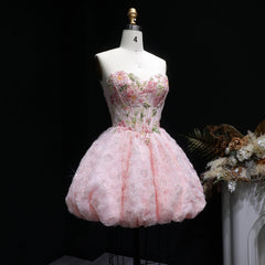 Pink Floral Appliques Sweetheart Strapless Mini Dress
