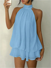 Halter Neck Open Back Ruffle Waist Mini Dress