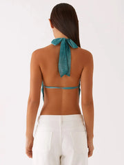 Blue Tie Dye Halter Deep Neck Top