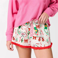 Christmas Boxer Graphic Print Ruffle Shorts
