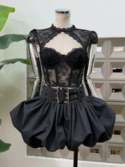 Lace Sheer Corset Crop Top And Wide Belt Bubble Hem Skirt Set