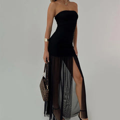 Black Strapless Drawstring Maxi Dress
