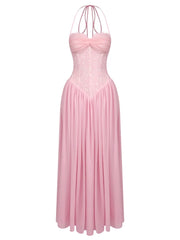 Halter Neck Lace Corset Tie Patchwork Long Dress