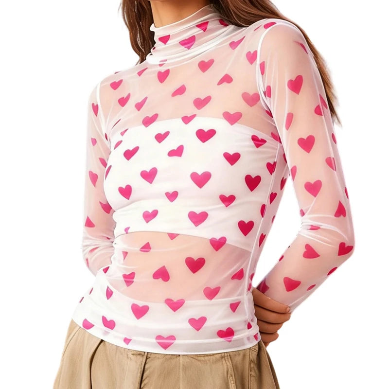 Sheer top with pink heart pattern