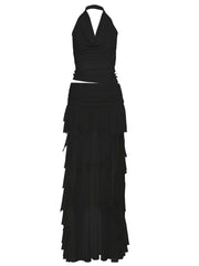 Cowl Crop Top And Ruffles Asymmetrical Skirt Set