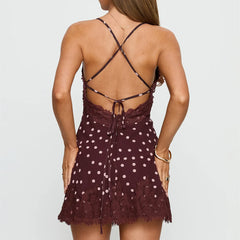 Brown Dotted Lace Trim Tie Up Mini Dress