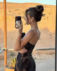 Black One-Shoulder Floral Desgin Long Dress