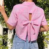 Stripe Crop Back Bow T-shirt