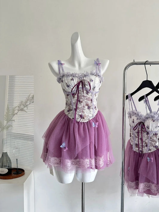 Purple Lace-Up Corset Tulle Mini Dress