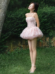 Strapless 3D Flower Appliques Frill Mini Dress