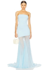 Strapless Mesh Pleats Maxi Dress