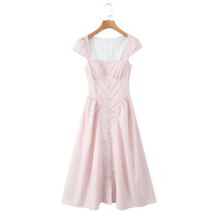 Pink Plaid Button Puff Sleeve Midi Dress