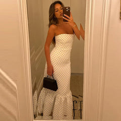 Polka Dot Strapless Tiered Hem Midi Dress