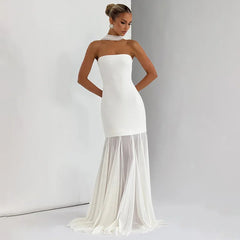 Steapless Mesh Patchwork Maxi Dress With Scarf