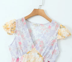Patchwork Flower Print V neck Mini Dress