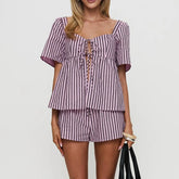 Purple Striped Print Short Sleeve Front Tied Tops And Shorts Set
