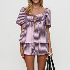 Purple Striped Print Short Sleeve Front Tied Tops And Shorts Set