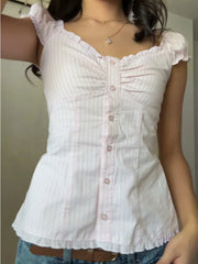 Ruffle Hem Short Sleeve Button Up Top